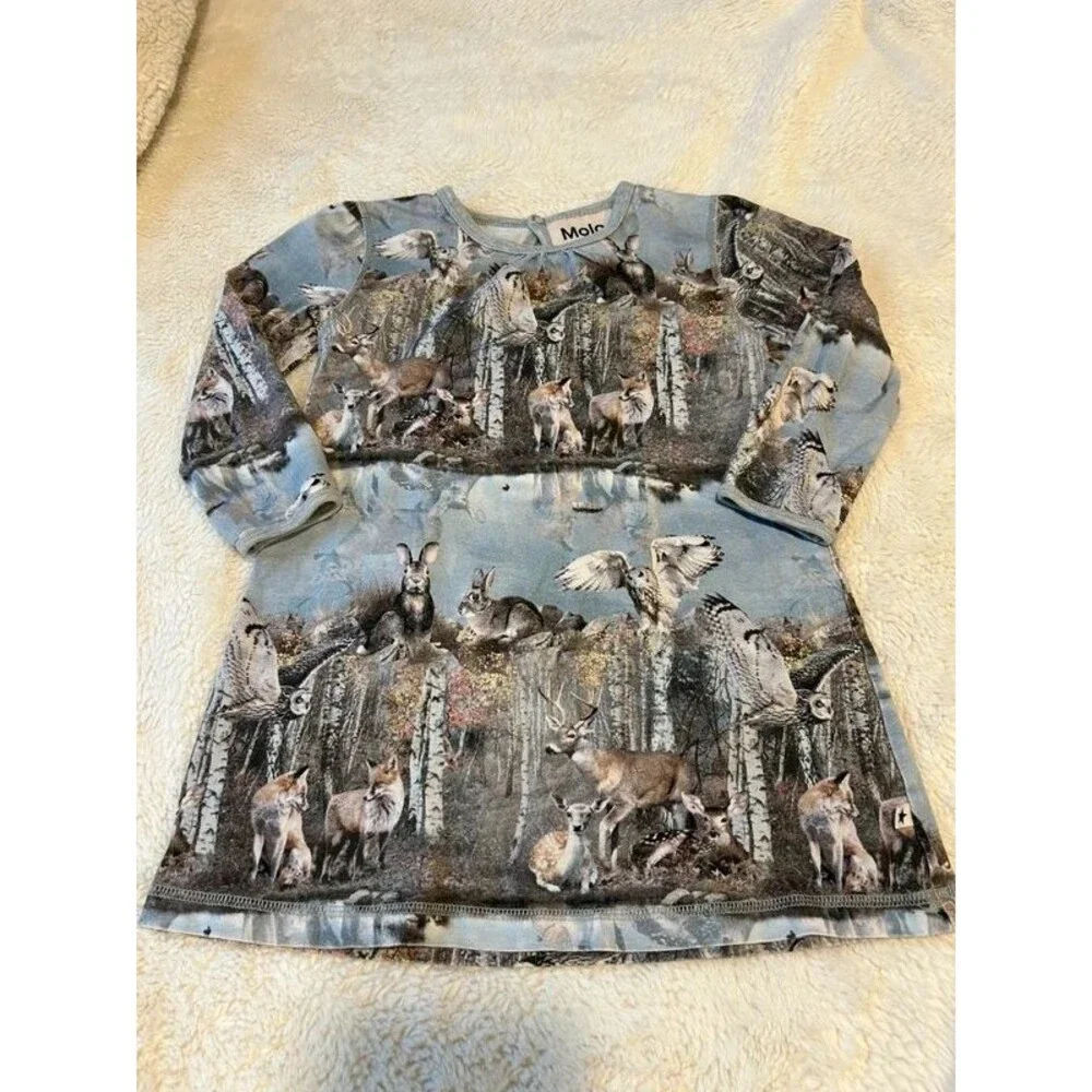 Molo Caras Brand Girls 2T Grey Blue Forest Lake Print Long Sleeve Dress